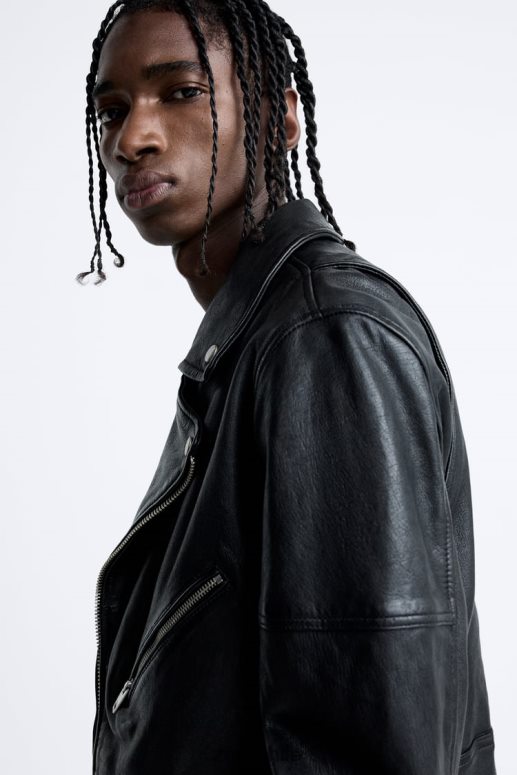 ropa cl Zara hombres chaqueta motera de cuero negro JJ06N41113