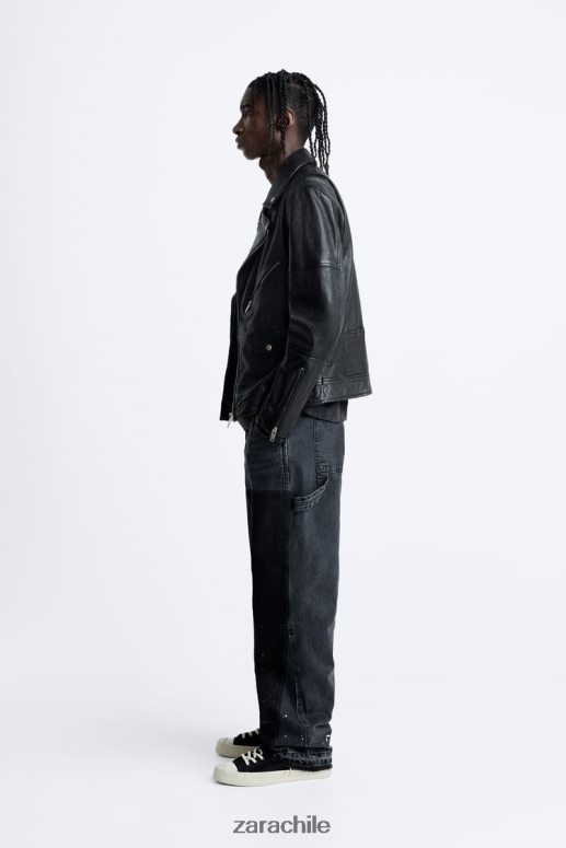 ropa cl Zara hombres chaqueta motera de cuero negro JJ06N41113