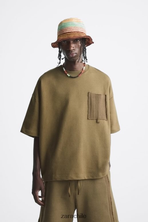 ropa cl Zara hombres sudadera con bolsillo de crochet caqui JJ06N41076
