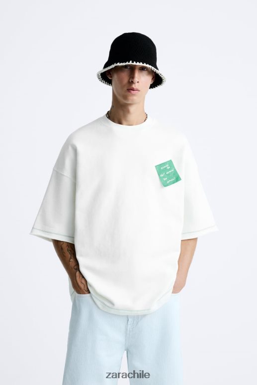ropa cl Zara hombres sudadera con parche de papel ostra blanca JJ06N41069