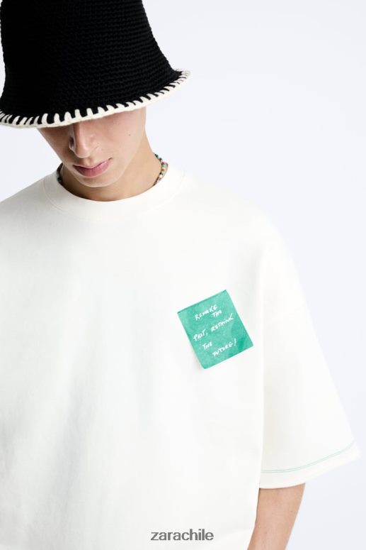 ropa cl Zara hombres sudadera con parche de papel ostra blanca JJ06N41069