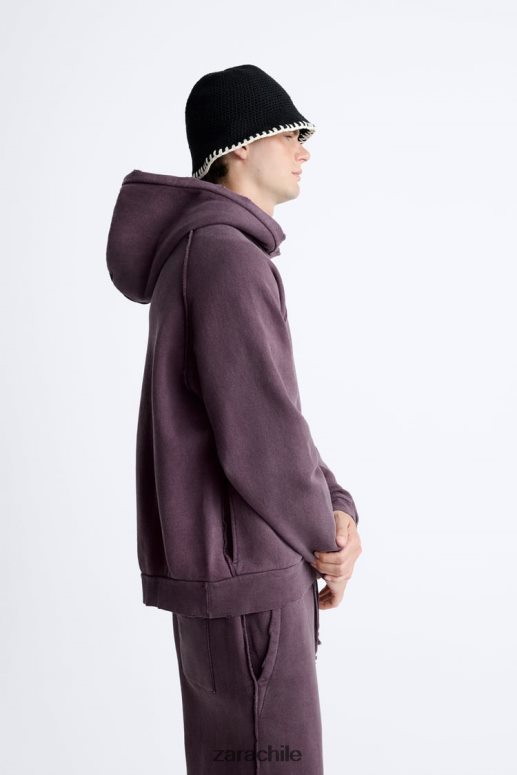ropa cl Zara hombres sudadera lavada con rotos granate JJ06N41055
