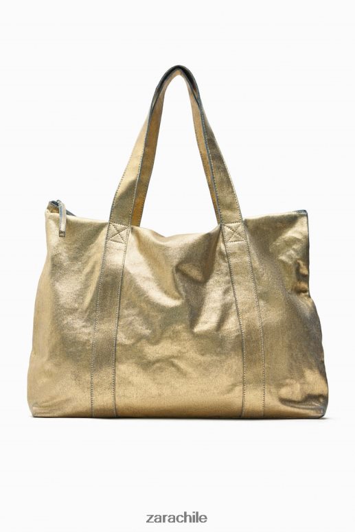 accesorios cl Zara mujer bolso shopper de tela metalizada dorado JJ06N4940