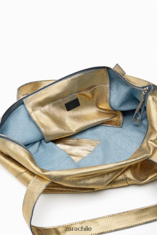 accesorios cl Zara mujer bolso shopper de tela metalizada dorado JJ06N4940