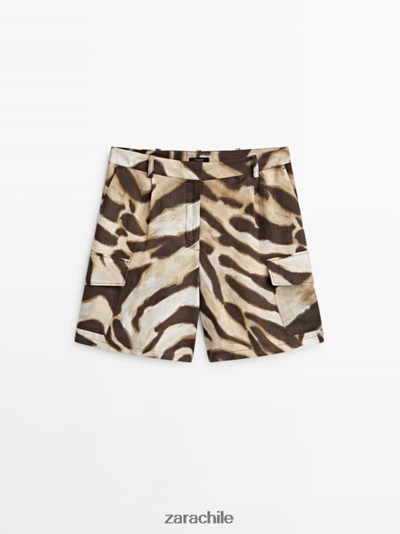 ropa cl Zara mujer bermudas cargo de lino con estampado animal marrón JJ06N4843