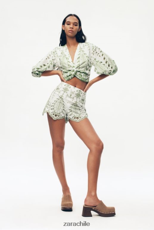 ropa cl Zara mujer pantalones cortos bordados verde/crudo JJ06N4576