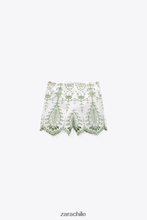 ropa cl Zara mujer pantalones cortos bordados verde/crudo JJ06N4576