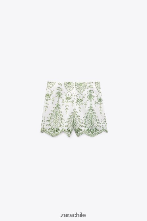 ropa cl Zara mujer pantalones cortos bordados verde/crudo JJ06N4576