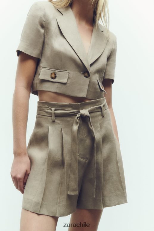 ropa cl Zara mujer pantalones cortos de lino atados beige JJ06N4616