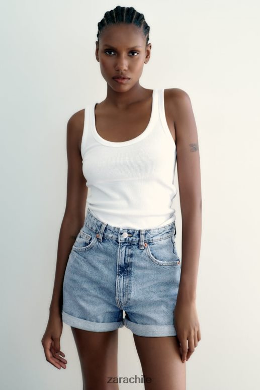 ropa cl Zara mujer pantalones cortos de mezclilla con corte mom y talle alto trf azul JJ06N4546