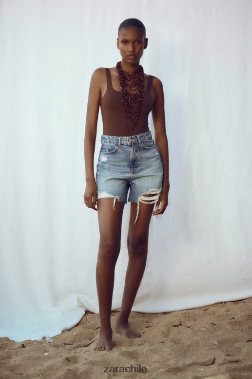 ropa cl Zara mujer pantalones cortos de mezclilla rasgados z1975 azul medio JJ06N4555