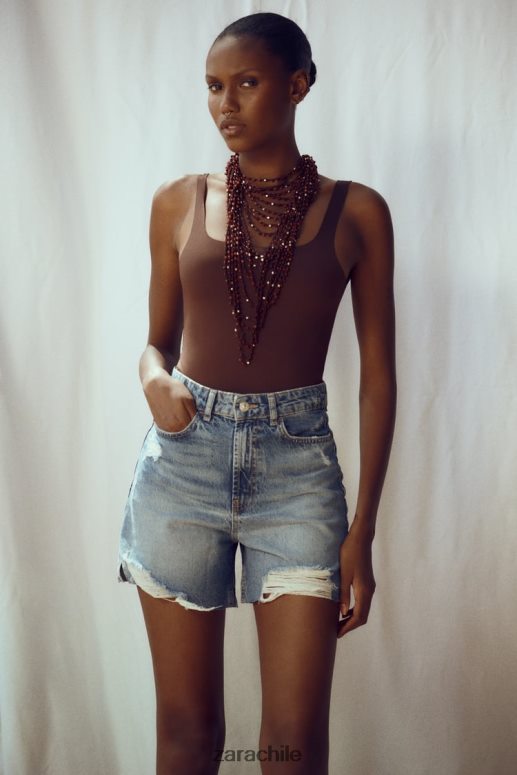 ropa cl Zara mujer pantalones cortos de mezclilla rasgados z1975 azul medio JJ06N4555