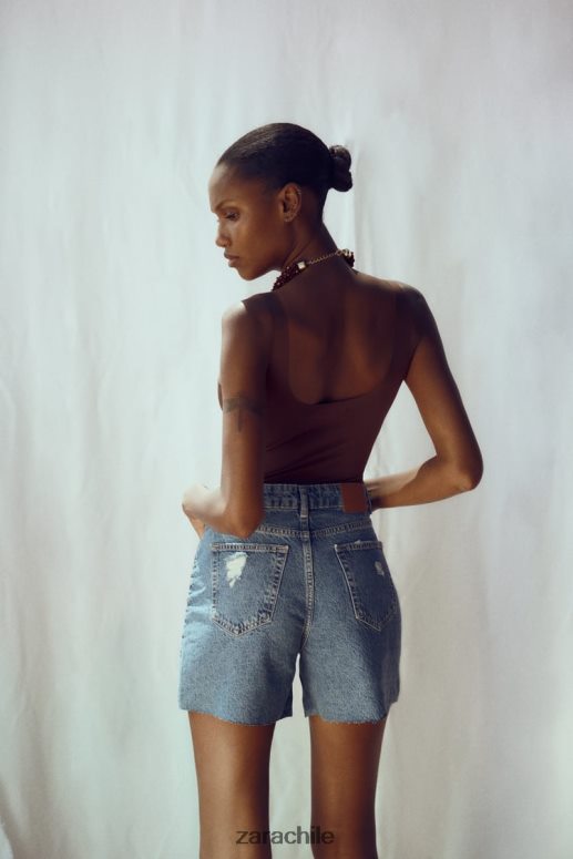 ropa cl Zara mujer pantalones cortos de mezclilla rasgados z1975 azul medio JJ06N4555