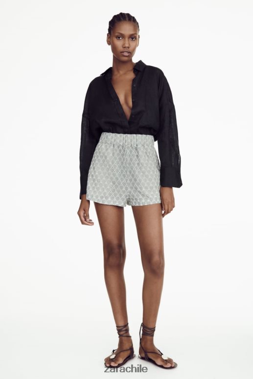 ropa cl Zara mujer shorts con ojales bordados crudo/azul JJ06N4613