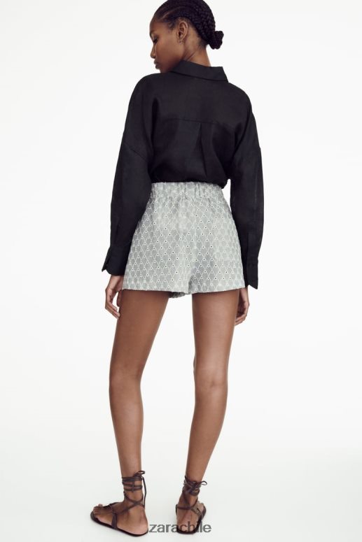 ropa cl Zara mujer shorts con ojales bordados crudo/azul JJ06N4613