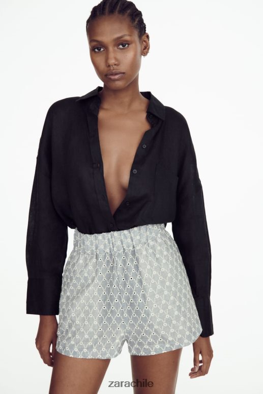 ropa cl Zara mujer shorts con ojales bordados crudo/azul JJ06N4613