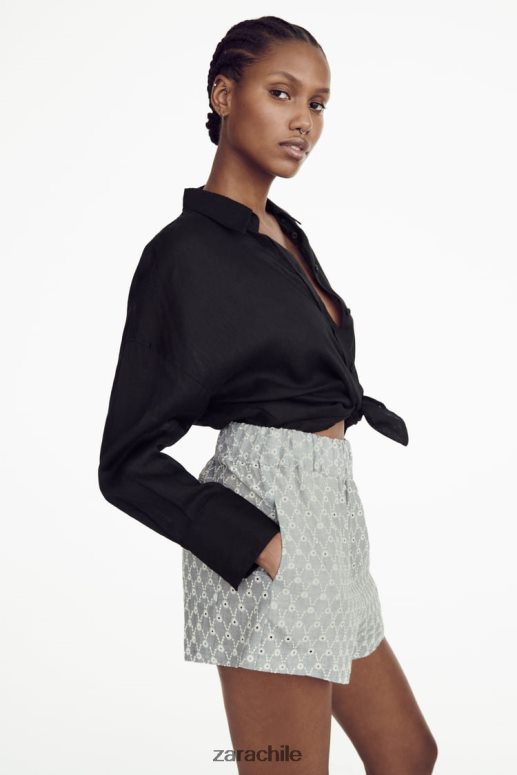 ropa cl Zara mujer shorts con ojales bordados crudo/azul JJ06N4613