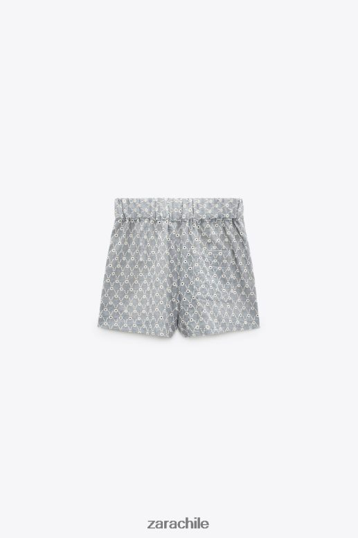 ropa cl Zara mujer shorts con ojales bordados crudo/azul JJ06N4613