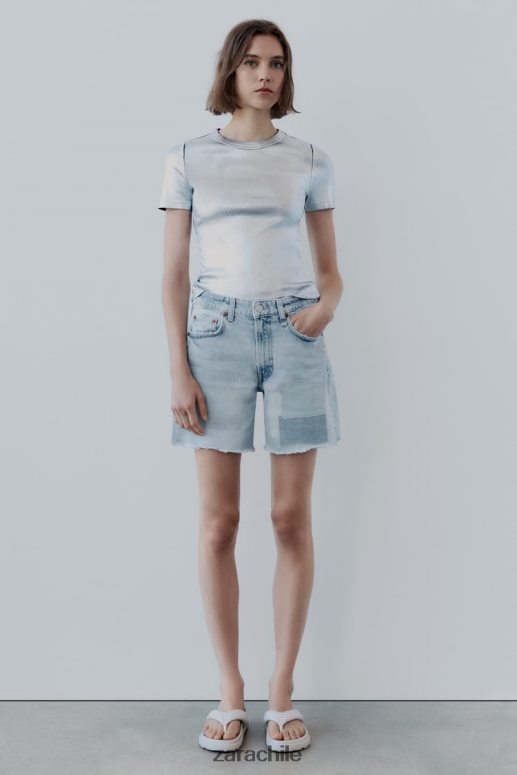 ropa cl Zara mujer shorts de mezclilla con parches y tiro medio azul JJ06N4587
