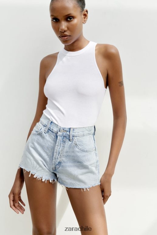 ropa cl Zara mujer shorts de mezclilla trf de talle medio con diamantes de imitación azul claro JJ06N4575