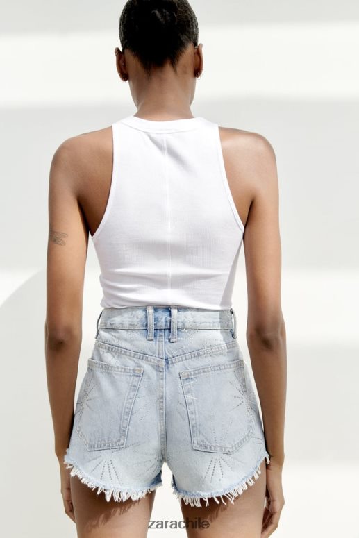ropa cl Zara mujer shorts de mezclilla trf de talle medio con diamantes de imitación azul claro JJ06N4575