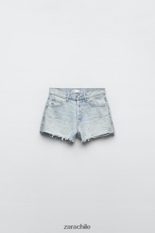 ropa cl Zara mujer shorts de mezclilla trf de talle medio con diamantes de imitación azul claro JJ06N4575