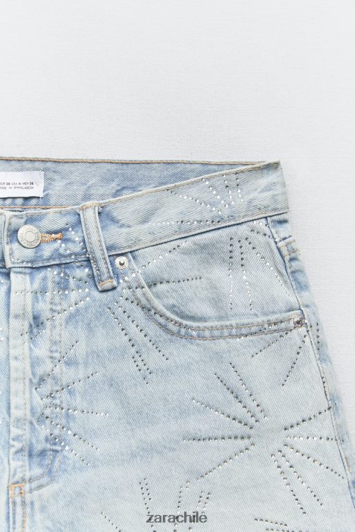 ropa cl Zara mujer shorts de mezclilla trf de talle medio con diamantes de imitación azul claro JJ06N4575