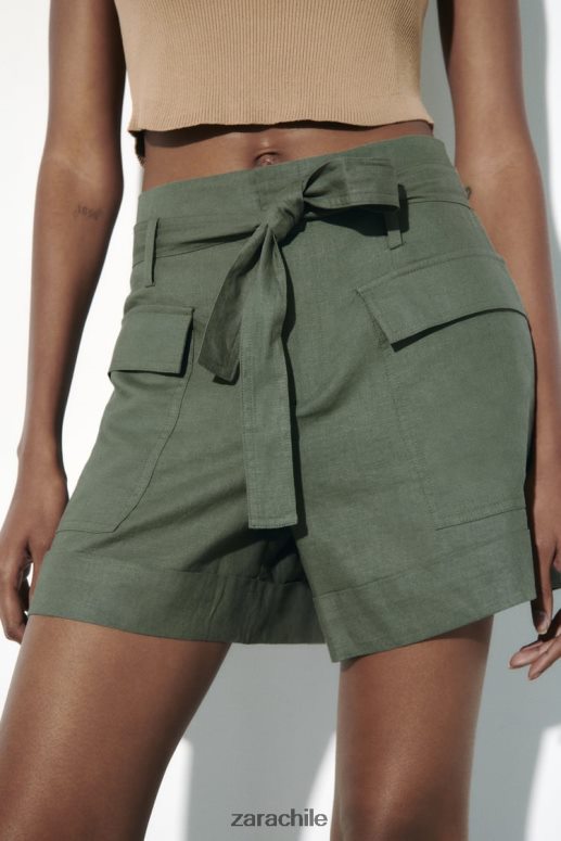 ropa cl Zara mujer shorts en mezcla de lino con cinturón caqui JJ06N4609