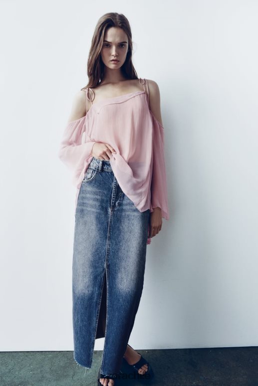 ropa cl Zara mujer falda de mezclilla con abertura y talle alto azul JJ06N4645