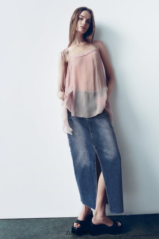 ropa cl Zara mujer falda de mezclilla con abertura y talle alto azul JJ06N4645