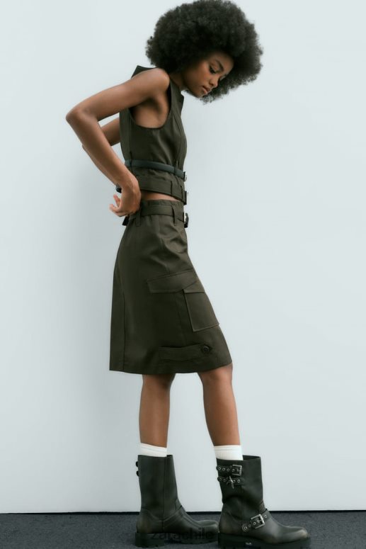 ropa cl Zara mujer falda midi con bolsillos caqui medio JJ06N4655