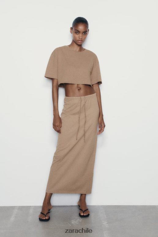 ropa cl Zara mujer falda midi con efecto lavado marrón claro JJ06N4686