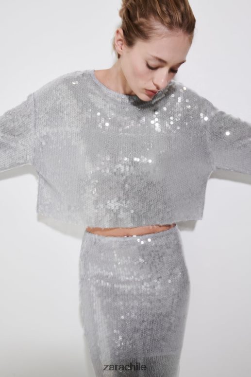 ropa cl Zara mujer falda midi de lentejuelas gris JJ06N4648