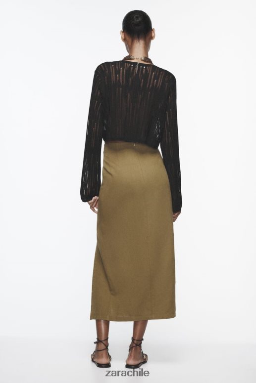 ropa cl Zara mujer falda midi de mezcla de lino con botones oliva oscuro JJ06N4684