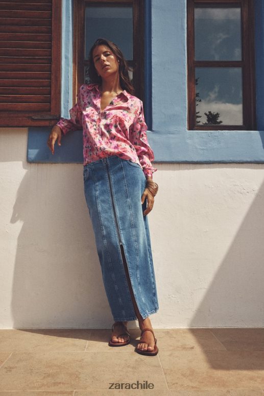 ropa cl Zara mujer falda midi de mezclilla con cremallera z1975 azul medio JJ06N4670