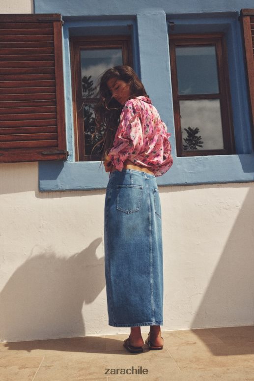 ropa cl Zara mujer falda midi de mezclilla con cremallera z1975 azul medio JJ06N4670
