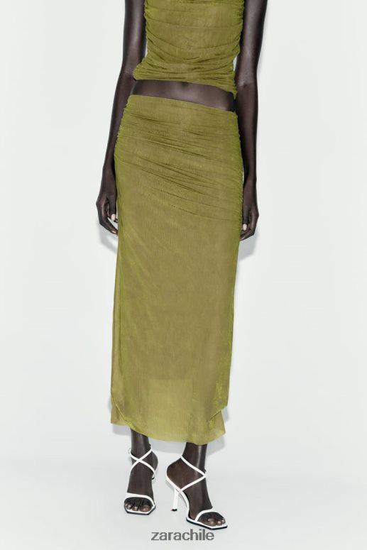 ropa cl Zara mujer falda midi de organza fruncida verde claro JJ06N4692
