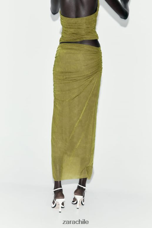 ropa cl Zara mujer falda midi de organza fruncida verde claro JJ06N4692