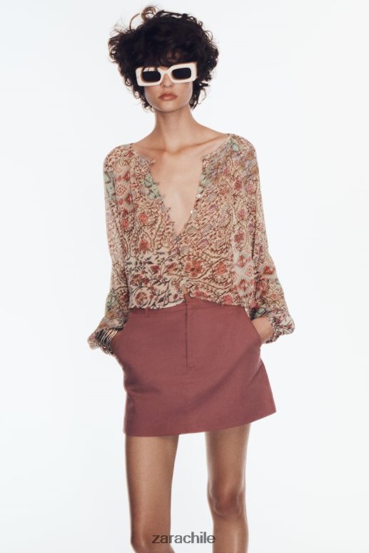 ropa cl Zara mujer falda-pantalón de talle alto en mezcla de lino Marsala JJ06N4696