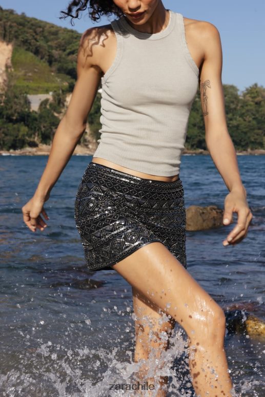 ropa cl Zara mujer minifalda de lentejuelas negro JJ06N4725