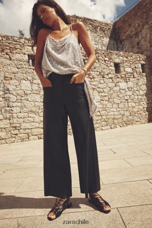 ropa cl Zara mujer pantalones rectos zw marine de piel sintética con talle alto negro JJ06N4491