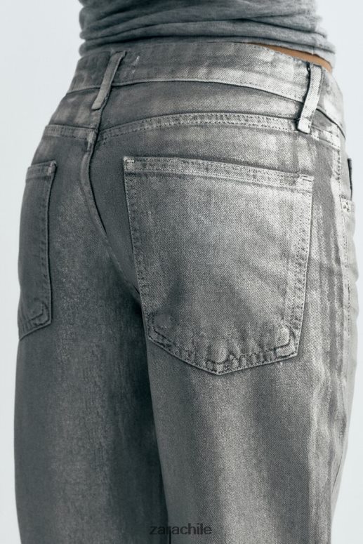 ropa cl Zara mujer jeans con pernera ancha y talle medio trf metalizados plata JJ06N4522