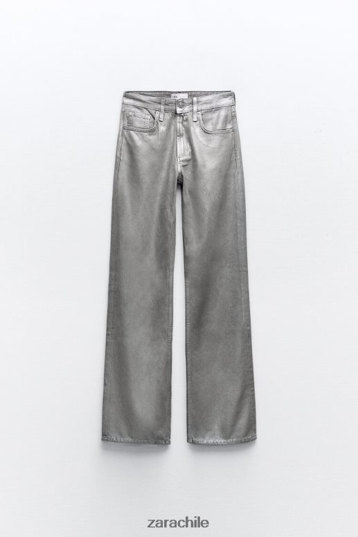 ropa cl Zara mujer jeans con pernera ancha y talle medio trf metalizados plata JJ06N4522