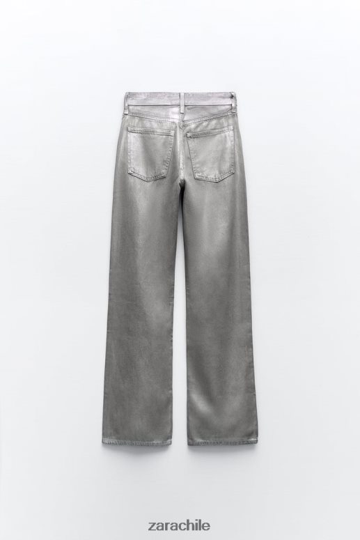 ropa cl Zara mujer jeans con pernera ancha y talle medio trf metalizados plata JJ06N4522