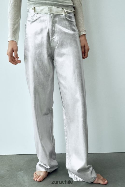 ropa cl Zara mujer jeans trf metalizados de talle alto blanco JJ06N4520