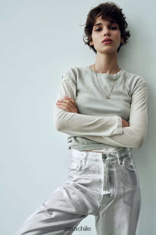 ropa cl Zara mujer jeans trf metalizados de talle alto blanco JJ06N4520