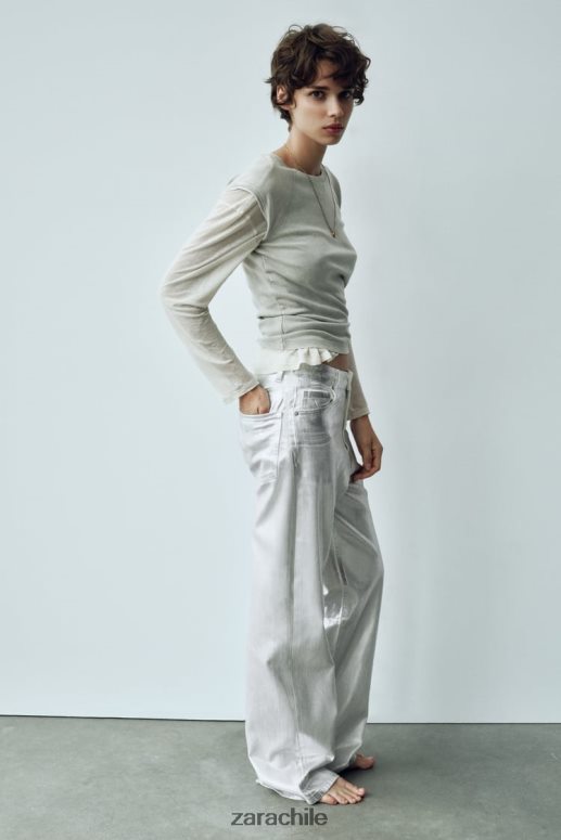 ropa cl Zara mujer jeans trf metalizados de talle alto blanco JJ06N4520