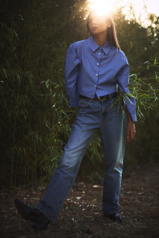 ropa cl Zara mujer jeans z1975 de talle alto, pernera ancha y largo azul JJ06N4507