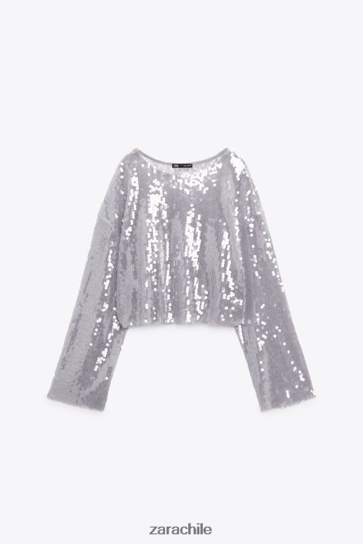 ropa cl Zara mujer camiseta de lentejuelas gris JJ06N4930