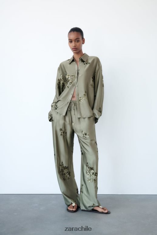 ropa cl Zara mujer pantalones con efecto satinado de lentejuelas verde salvia JJ06N4927